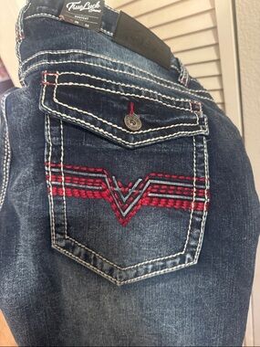 True Luck-Women's Dark Blue Bootcut Jeans with Red Stitching